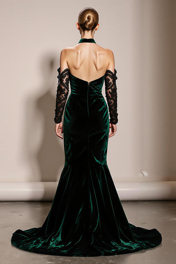 Dark Green Halter Velvet Mermaid Long Evening Dress